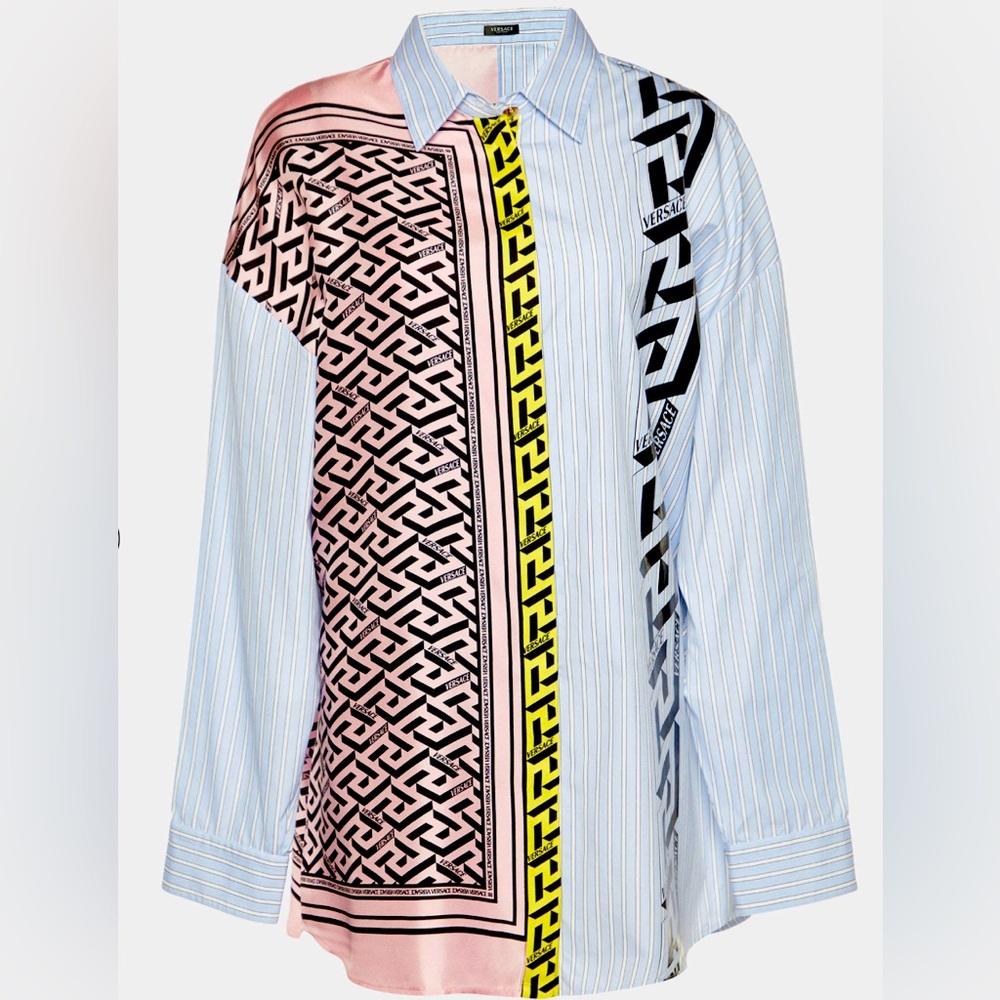 New! Versace Blue La Greca Striped Silk & Cotton Paneled Shirt size IT44